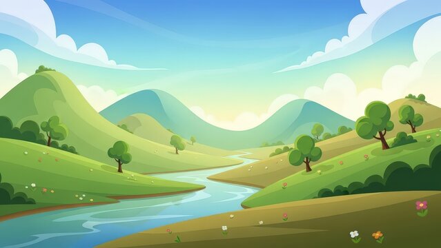 Serene and picturesque animated landscape with rolling green hills blue river and fluffy clouds under a bright sky