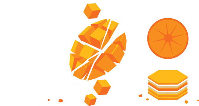 Abstract geometric orange fruit vector set with exploding cubes and slice shapesAbstract geometric orange fruit vector set with exploding cubes and slice shapes