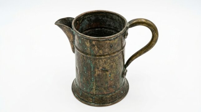 Oxidized metal jug displaying heavy verdigris patina on a white studio background with sharp macro focus for antique retail advertising