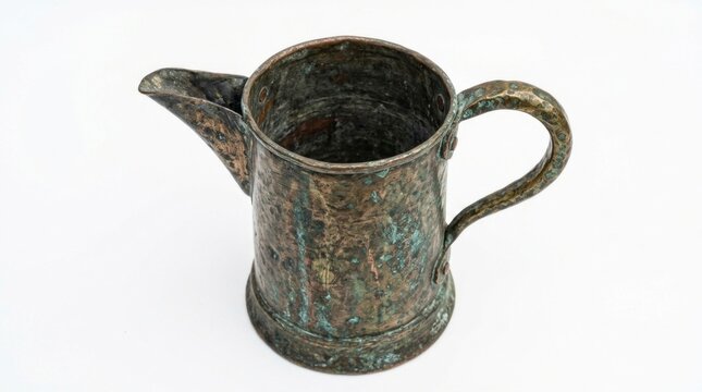 Corroded metal relic with heavy verdigris crust on white background in sharp studio focus for archaeological educational marketing