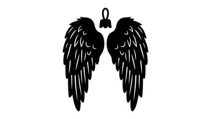 Black Angel Wings Silhouette: A striking silhouette of black angel wings, detailed with feathers and topped with a hanging loop, presented on a clean white background. © mojahedh