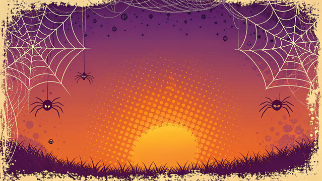 4k halloween background orange purple gradient  borders patterns spider webs jack-o-lanterns pop-art aesthetic.