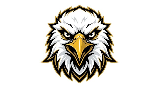 Fierce bald eagle head staring forward on white background with sharp focus for sports team mascot branding