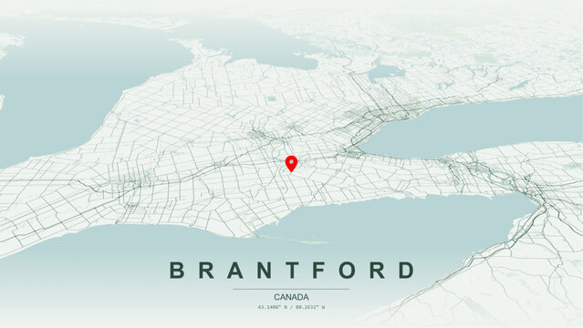Modern minimalist vector map of Brantford, Ontario, Canada. High-quality scalable illustration of Brantford city grid, Grand Riverfront loops for posters design.