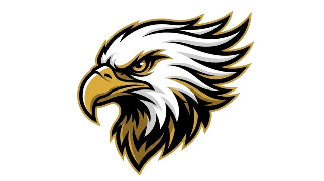 Bald eagle head profile facing left on white background with sharp macro focus and high contrast for collegiate sports team branding