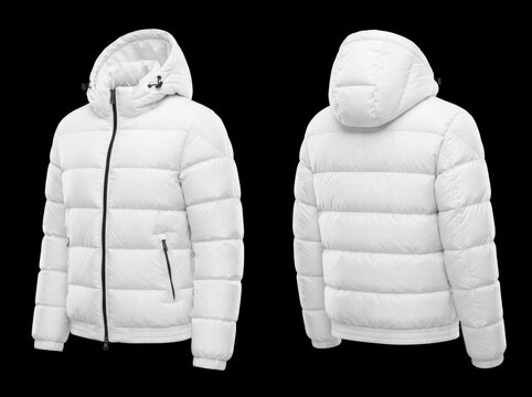 White puffer jacket shown from front and back views on a black background in sharp studio photography for winter apparel e-commerce marketing