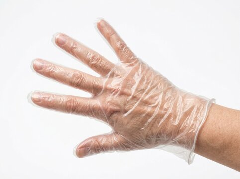 Disposable plastic glove worn on a hand with fingers spread against a clean white background in a sharp studio shot for food service and hygiene marketing