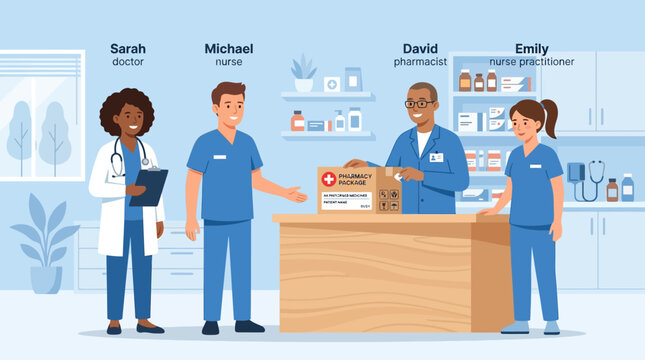 Medical teamwork: doctor, nurses, and pharmacist collaboration in a pharmacy.