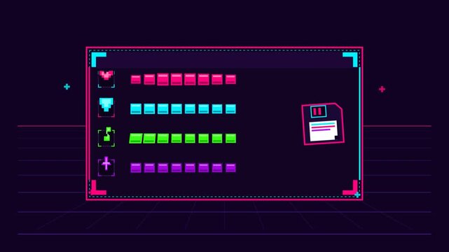 Retro pixel art game interface with animated status bars and floppy disk on synthwave grid.