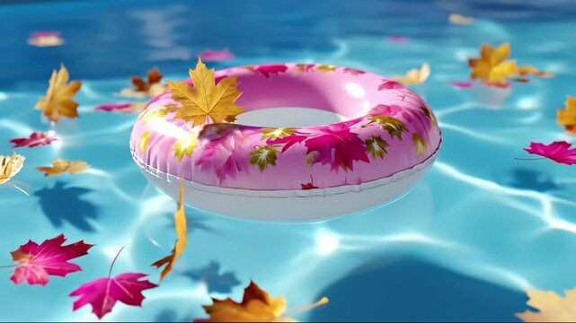 Pink inflatable swimming ring in a bright blue pool with floating autumn maple leaves. Fall season concept for pool closing.