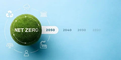 Green Globe with Net Zero Text and Sustainability Icons on Light Blue Background Showing Net Zero 2050 Timeline Milestone for Carbon Neutral Climate Strategy and Environmental Concept © RisanRisan