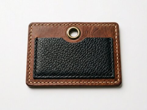 Leather luggage tag with black pocket and brass eyelet on white background in sharp studio focus for travel accessories branding