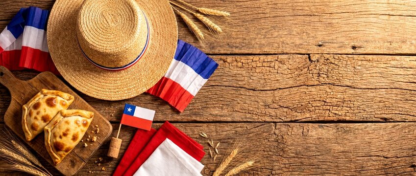 Chilean fiestas patrias celebration with traditional empanadas, straw hat, chilean flag, and wheat on a wooden table