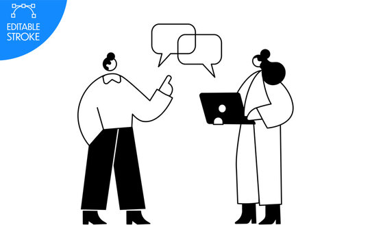 Business people discussing project with laptop and speech bubbles, minimalist black and white outline vector for SaaS communication and teamwork.
