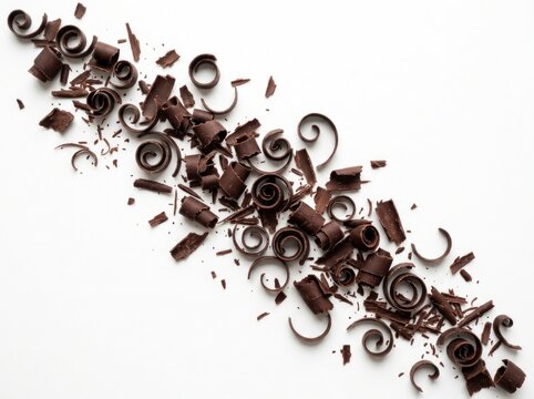 Dark chocolate shavings scattered diagonally on white background with sharp macro focus for culinary and bakery marketing