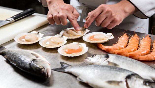 Professional chef hands preparing fresh scallops in shells on a stainless steel counter with whole fish and prawns, high quality seafood for gourmet restaurant menu and culinary concept