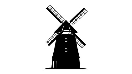 Windmill Silhouette: A stark black silhouette of a traditional windmill stands against a crisp white background, its iconic sails outstretched, representing history and enduring strength. © mojahedh