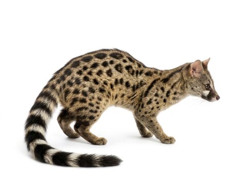 Common genet standing on white studio background with sharp focus and detailed spots for wildlife education and zoological marketing