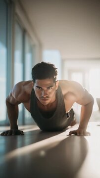 Young muscular male athlete doing push ups on the floor in a bright fitness studio, illuminated by natural sunlight. Intense exercise session emphasizing motivation and physical fitness