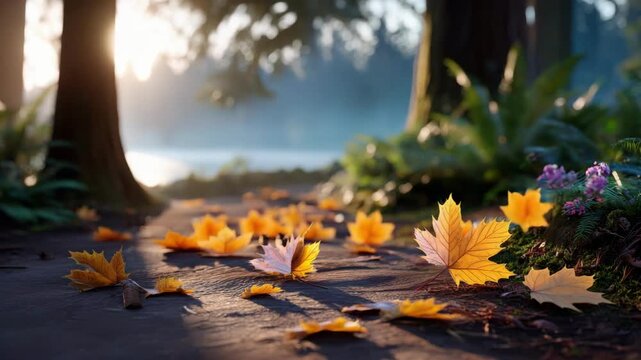 Autumn maple leaves falling on a sunlit path in a forest with a misty lake by a big tree. Fall season landscape for nature background.