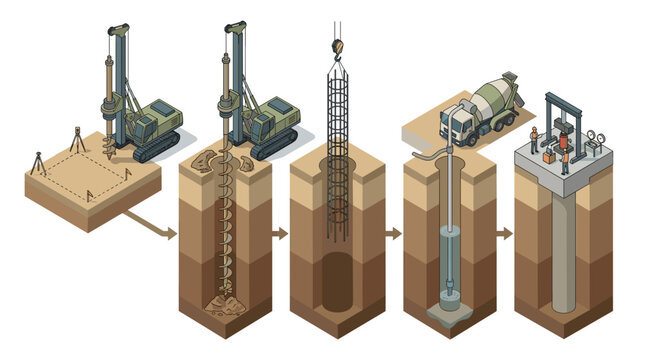 Construction process of deep foundation piles for building support.