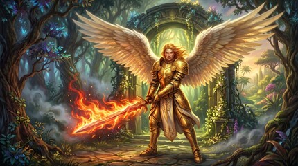 Obraz premium Male angel in golden armor holding a flaming sword. Warrior with wings standing in a fantasy forest by a stone archway. Mythological hero, divine protector, epic battle concept.