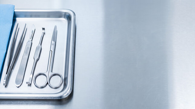 top view of a tray with surgical instruments on a metal table, copy space for a text about cosmetic surgery and correction for men