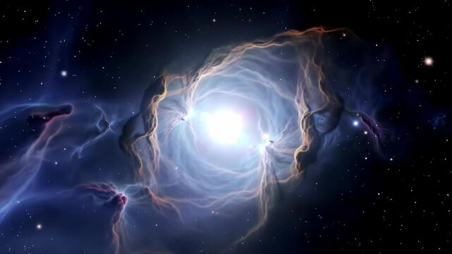 Cinematic view of a vibrant swirling nebula with blue and orange gas clouds surrounding a central bright white star in deep space featuring distant stars and cosmic dust formations.