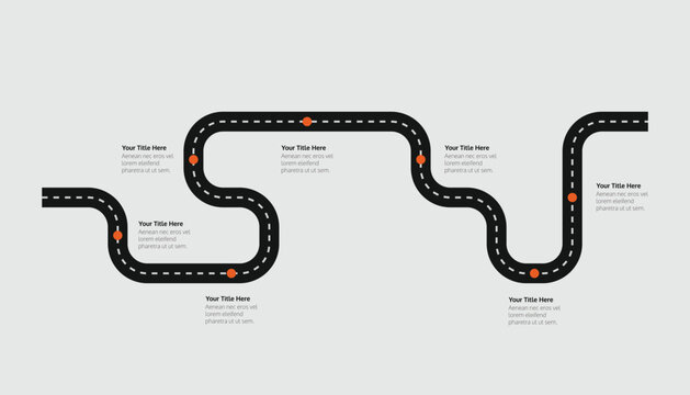 Sleek black road curves across a neutral background. 7 Steps Roadmap infographic