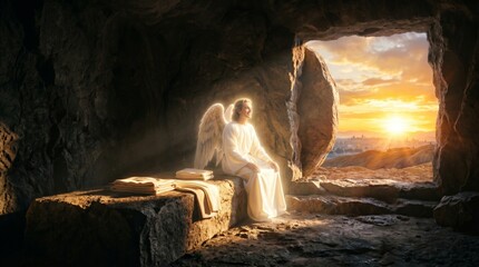 Obraz premium Angel sitting in the open tomb at sunrise. Biblical scene of the resurrection of Jesus Christ. Religious concept of hope, faith and miracle. Easter holiday traditional illustration.