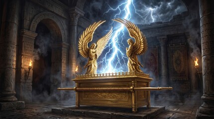 Obraz premium Gold ark of the covenant with two cherubims in ancient temple. Biblical relic with dramatic lightning strike and smoke. Religious treasure and worship history concept for historical scene.