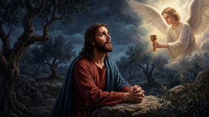 Obraz premium Jesus praying in Gethsemane garden with angel offering chalice. Biblical scene depicting spiritual devotion and sacrifice. Religious art for Easter and Christian worship celebration.