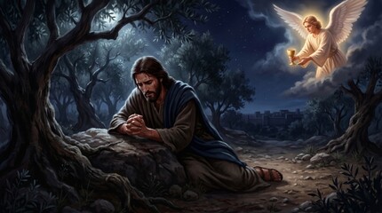 Obraz premium Jesus man praying in the Garden of Gethsemane at night. Angel appearing with chalice to comfort him. Biblical scene of spiritual devotion, sacrifice and faith for Easter holiday concept.