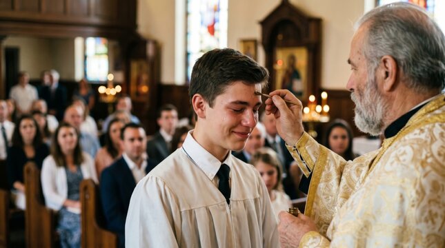 Priest anointing teenage boy with oil during Christian confirmation ceremony in church. Religious rite of passage and spiritual blessing. Sacrament of chrismation in orthodoxy for youth.