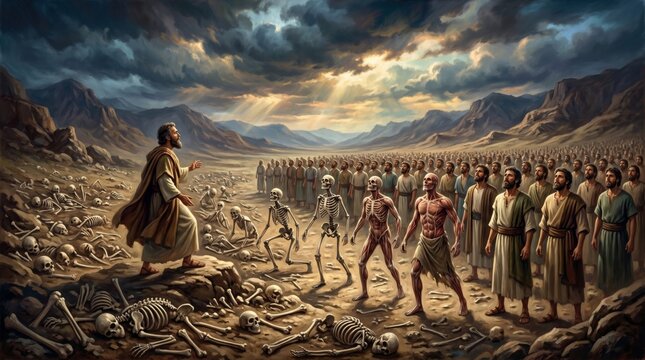 Prophet Ezekiel preaching to a valley of dry bones. Biblical scene where skeleton transforms into human body through divine power. Religious illustration of spiritual resurrection.