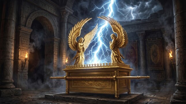 Gold ark of the covenant with two cherubims in ancient temple. Biblical relic with dramatic lightning strike and smoke. Religious treasure and worship history concept for historical scene.