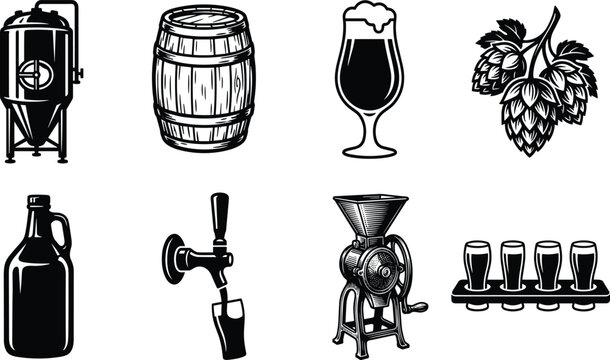 PrintCraft Beer Brewing Icon Set with Fermentation Tank Wooden Barrel Hops and Tap