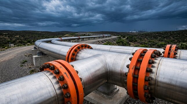 Massive gleaming stainless steel industrial pipeline curving into distance, featuring bright safety-orange flanged joints under stormy sky.