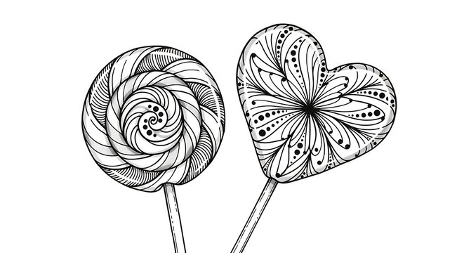 Sweet treats artistic swirl heart and round lollipop drawing