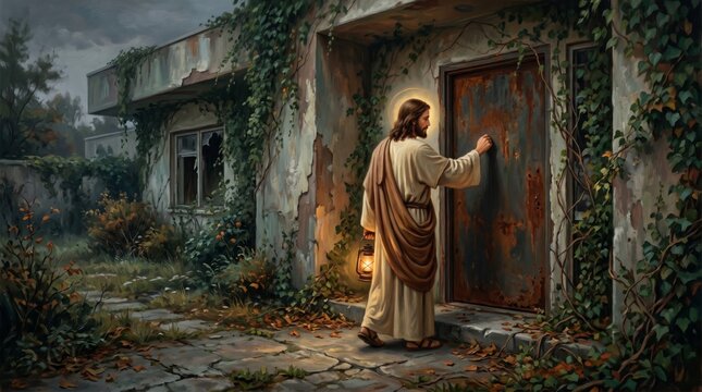 Jesus Christ holding lantern and knocking at wooden door of abandoned house. Religious biblical scene representing spiritual salvation, faith, hope and divine guidance for humanity.