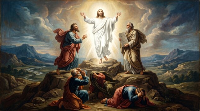 Jesus transfiguration with Moses and Elijah appearing before disciples on mountain. Biblical event from New Testament showing religious divine miracle. Christian faith and spiritual scene.