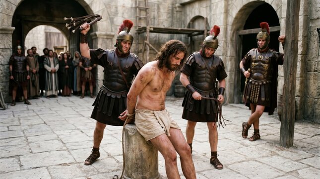 Roman soldiers scourging a man during an interrogation in a stone courtyard. Historical reenactment of the passion scene depicting biblical event. Religious drama and ancient sacrifice.