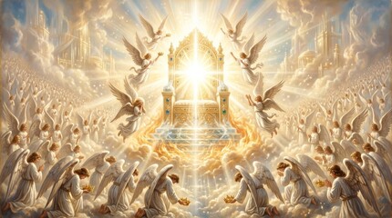 Obraz premium Angels surrounding divine golden throne in heaven. Celestial beings worshiping and offering crowns to Almighty God. Biblical scene of spiritual majesty, religious light and afterlife glory.