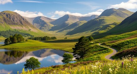 Fototapeta premium Vibrant mountain landscape with reflecting lake and winding path