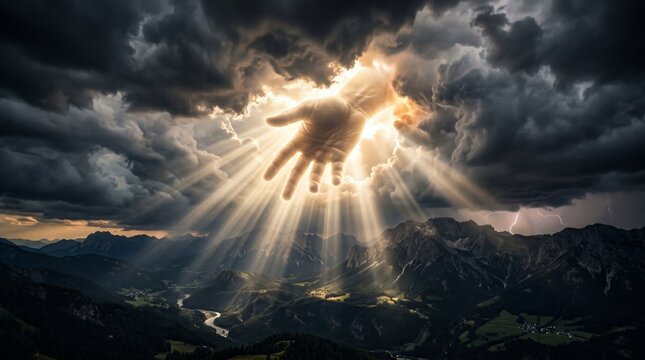 Giant hand reaching from heavenly clouds over mountain landscape. Divine intervention and blessing concept. Hope and salvation symbolism in stormy sky background with light rays shining.