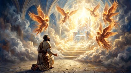 Obraz premium Man kneeling before golden throne in heaven. Faithful believer praying to God surrounded by winged angels. Biblical scene representing afterlife, spiritual worship and divine glory.