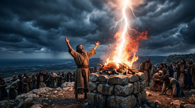 Prophet Elijah praying with arms raised as lightning strikes an altar with offering. Biblical scene of divine fire consuming sacrifice on Mount Carmel. Ancient religious history concept.