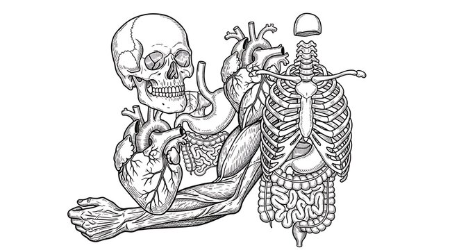 A skeleton sitting cross legged with a smoking pipe in a meditative or mystical pose