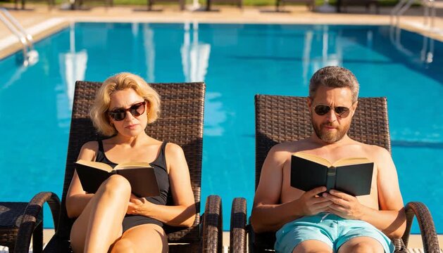 Mature couple reading books on lounge chairs by a blue swimming pool at a resort, relaxing summer vacation and leisure lifestyle for retirement and travel
