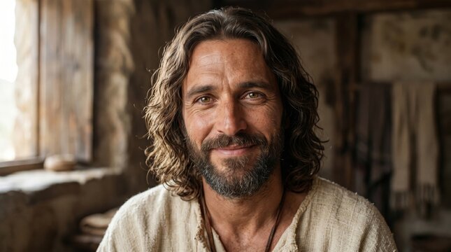 Portrait of a bearded man with long hair wearing rustic robe. Historical figure from biblical era inside ancient stone dwelling. Character representation of ancient times or past.